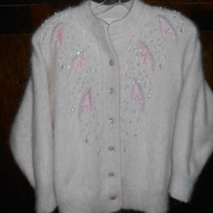 Vtg Pink Embellished Angora Sweater Jacket Size M